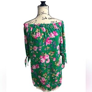 Green Floral Print Midi Boho Off Shoulder Dress Lace Trim Cowboy Chic Size Small